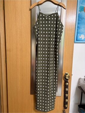 Studio B size Large Olive Green Polka Dot Maxi Slip Dress with Spaghetti Straps